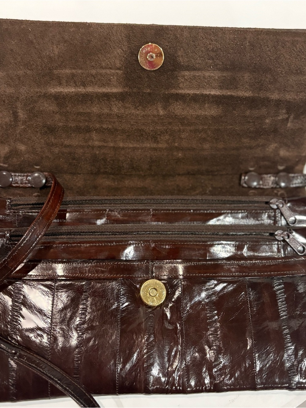 Vtg 70s Eel Skin Clutch Purse‎ Crossbody Chestnut Brown Made in Korea Coin Purse - Picture 7 of 13
